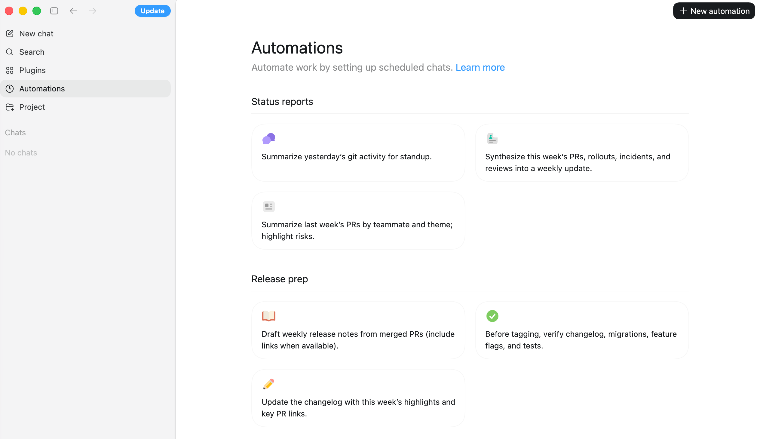 Codex automations interface